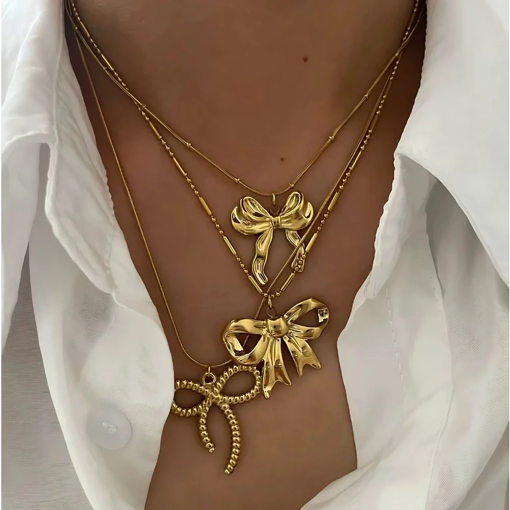 Stainless steel Bow Pendant Gold Tone Necklace